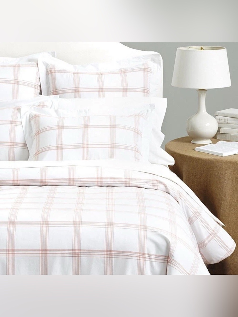 SET Ballard Designs Coral Windowpane Plaid King Duvet & 3 Euro Shams NIP